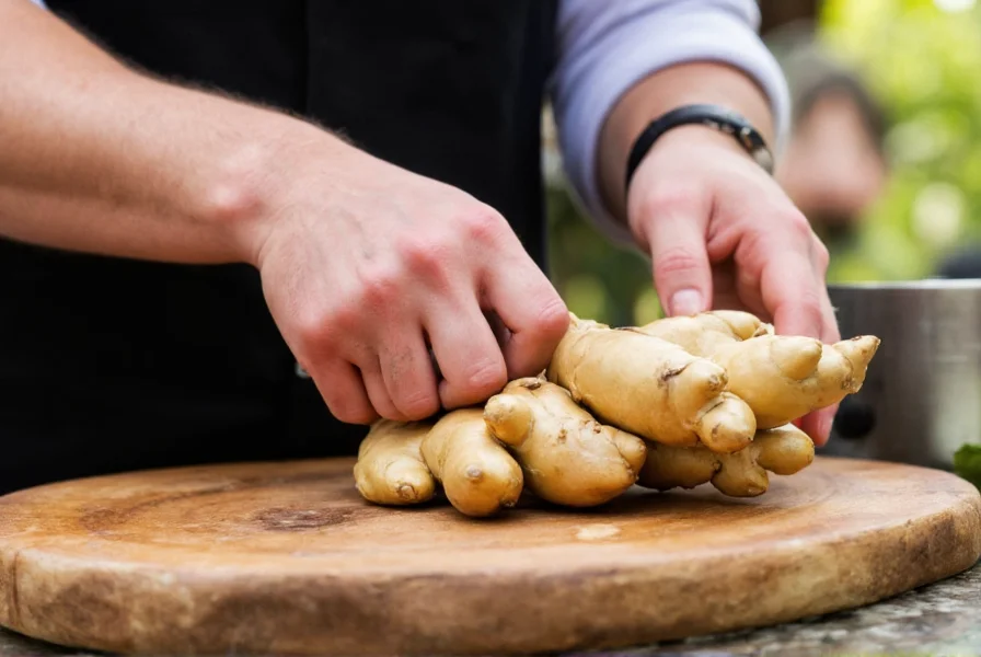 Close-up of hands preparing fresh ginger root for cooking demonstration at outdoor festival