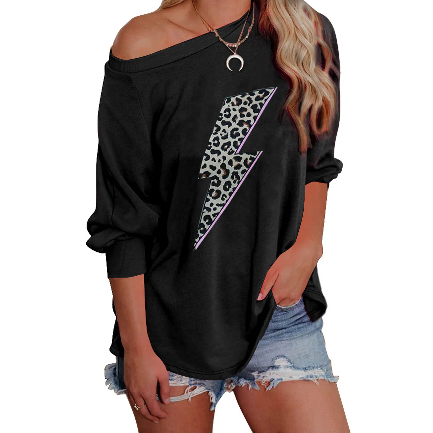

SD117 top one Shoulder Balloon Sleeve Lightning Leopard Print Long Sleeve Top Plus Size Femme Women Tshirt