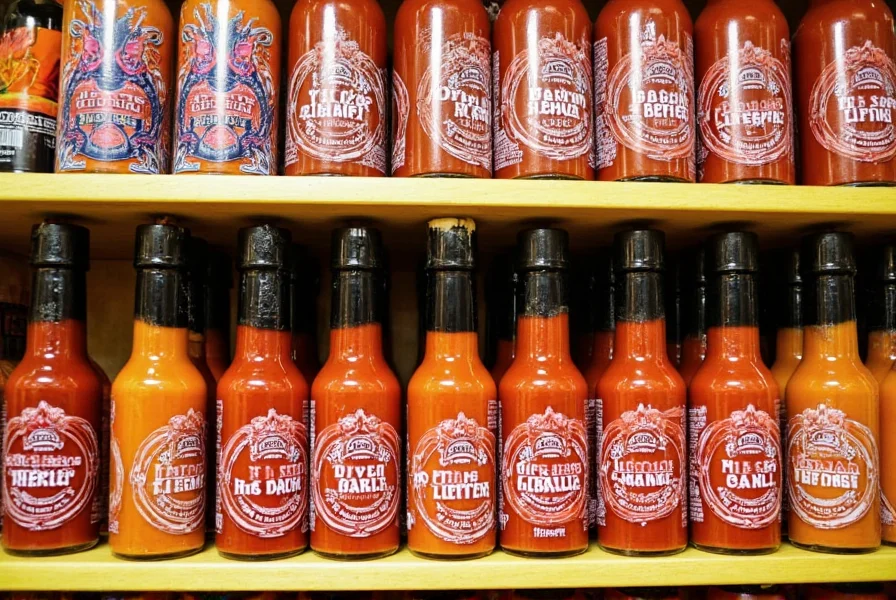 Pepper Palace product display with various hot sauce bottles arranged by heat intensity from mild to extreme