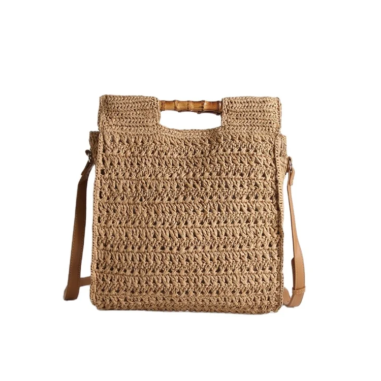 

OEM Bohemian fashion women handmade summer beach bag wooden handle square straw bag, Customizable