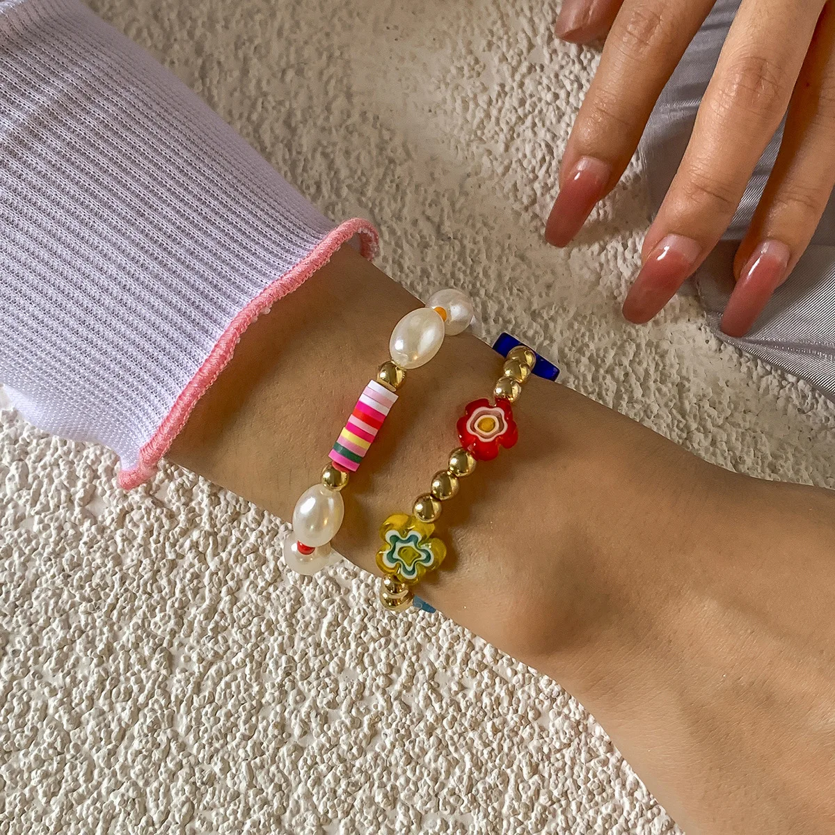 

GT ODM Coloured Glaze Flower Hand-woven Bracelet Sets Bohemian Ethnic Beads Polymer Clay Bracelets, As picture