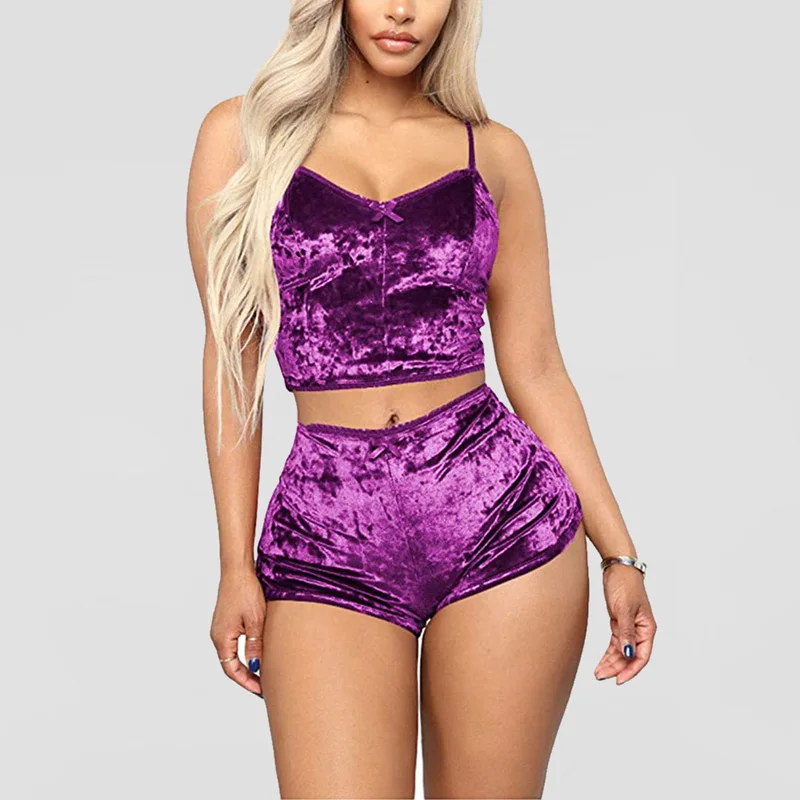 

Women's Sexy Velvet 2 Piece Outfit Spaghetti Strap Sleeveless Crop Top+ Shorts Set, Shown