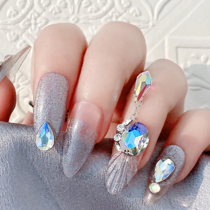 

Paso Sico Crystal Glass Stone AB Teardrop Nail Charms with Chain Nail Rhinestone for 3D Nail Art Rhinestone