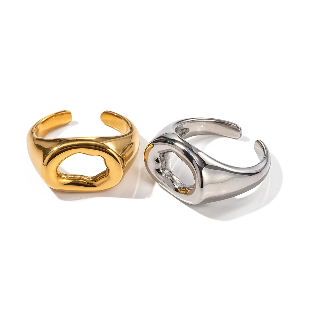 

Waterproof 18K Gold Plated Stainless Steel Geometric Irregular Hollow Stacking Opening Ring for Women