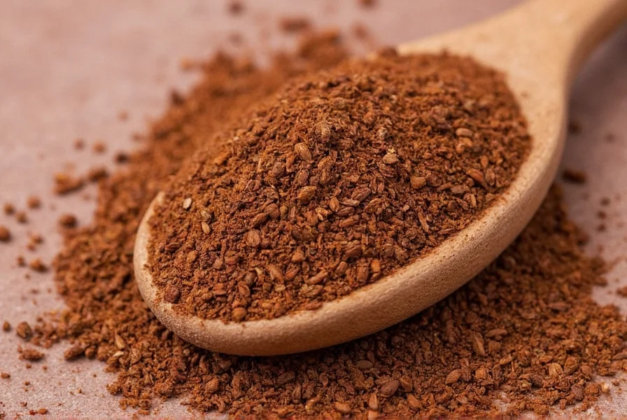 Close-up of ground allspice powder in a glass jar next to whole allspice berries showing texture difference