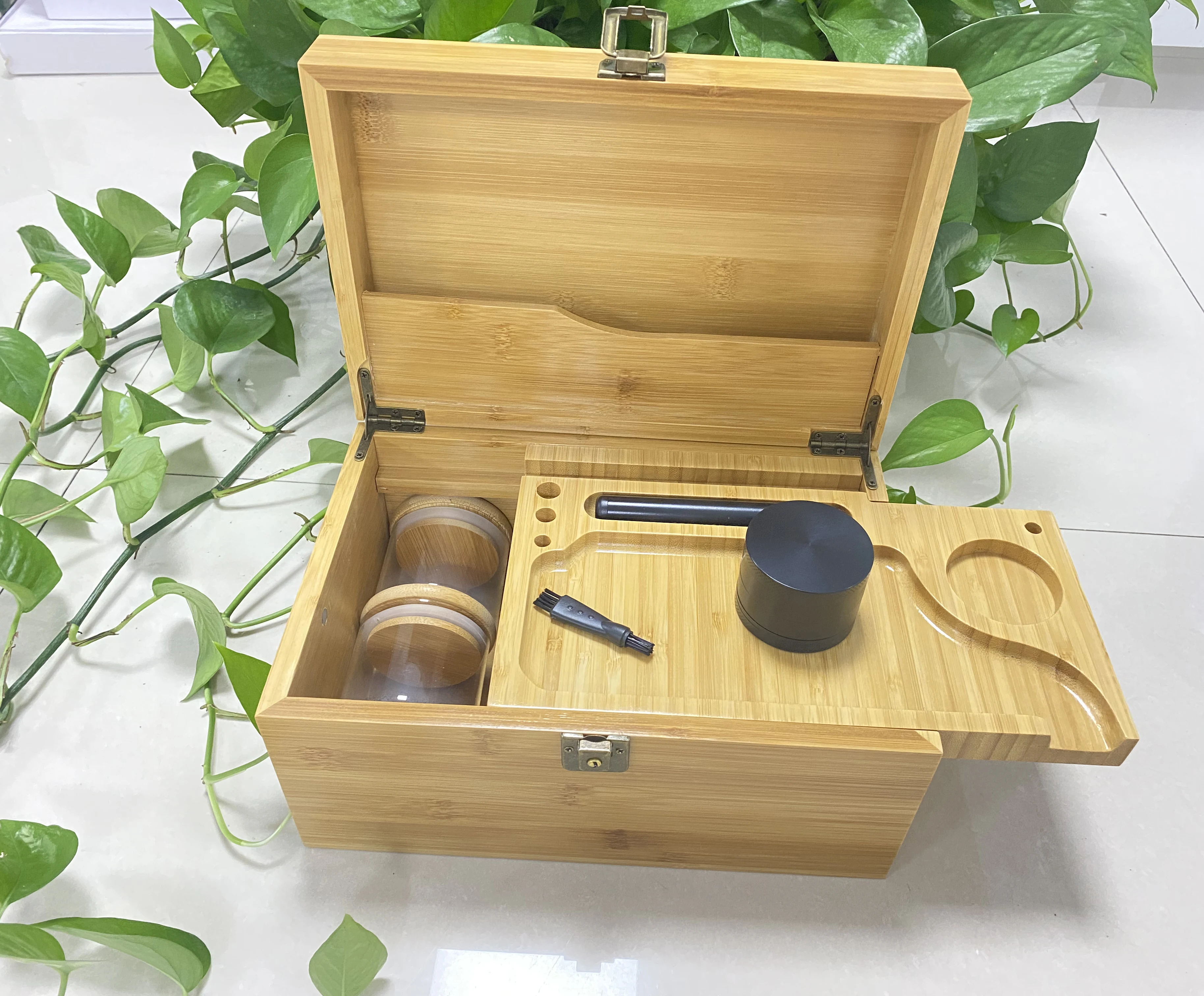 

Luxury Business Gifts Rolling Tray and Grinder Combo Wooden Bamboo Storage Weed Stash Box kit combo set For Weed With Locks, Natural or carbonized