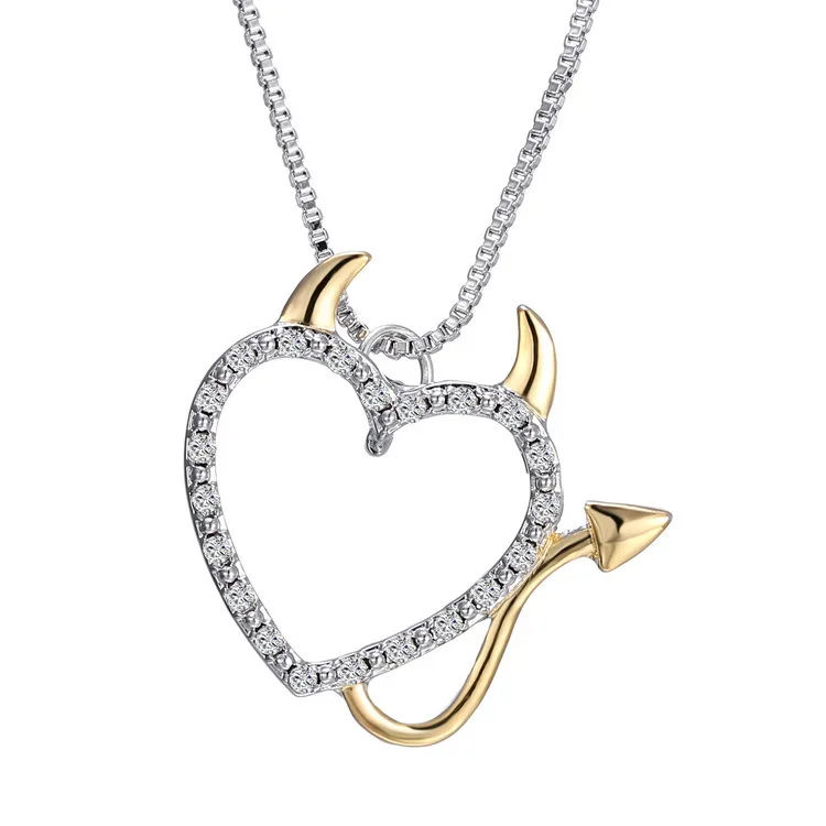 

GT Devil Rhinestone Fashion Love Pendant Couple Clavicle Chain Ox Horn Heart Necklaces for Women Men