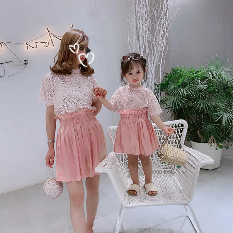 

Parent-child summer dress mother and daughter sparkling sequined top and skirt two-piece