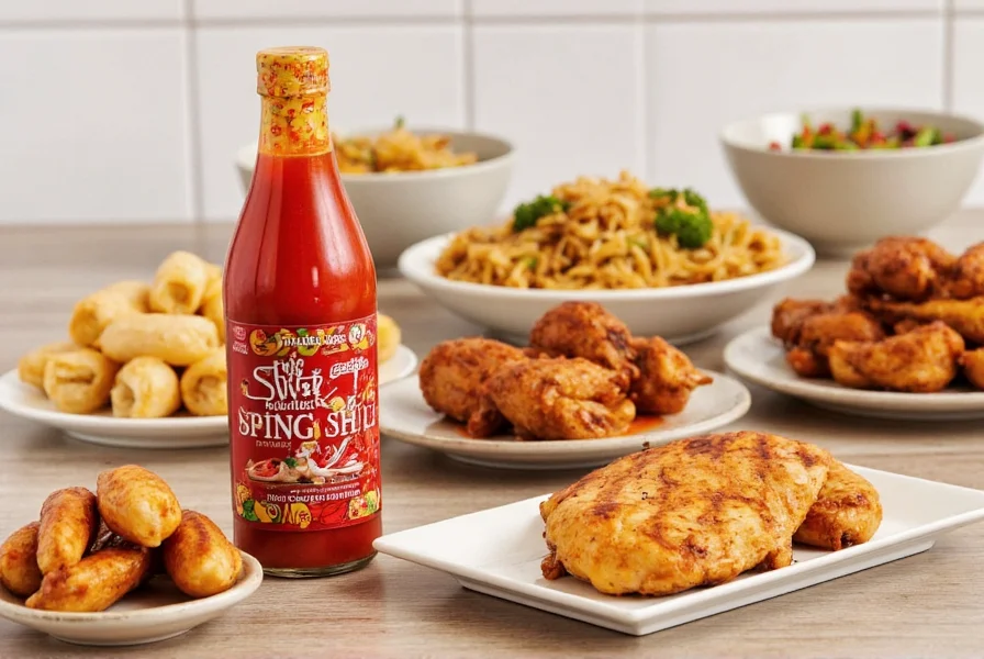 Trader Joe's Sweet Chili Sauce bottle displayed next to various Asian dishes it complements including spring rolls, stir-fry, and grilled chicken
