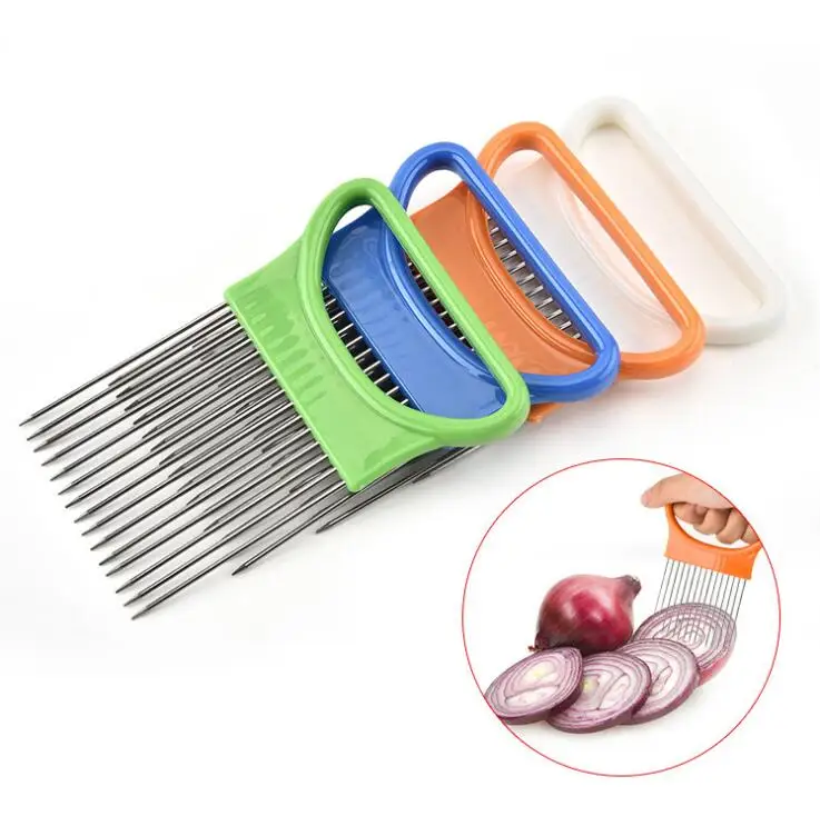 

O346 Stainless Steel Plastic Easy Cut Vegetable Fork Tomato Cutter Meat Needle Holder Onion Slicer Fixator