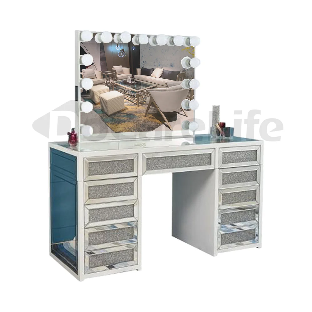 

Docarelife Modern Hollywood Furniture Dressing Desk with Lighted Mirror, Drawers, Silver