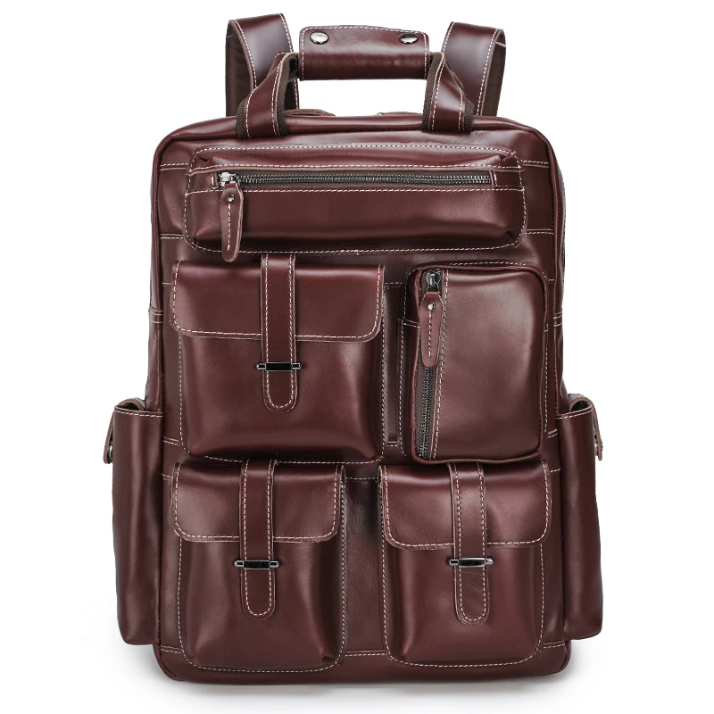 

Unisex Oil Wax Leather Multiple Pocket Laptop Rucksack Travel Bag Backpack Genuine Leather Back Pack, Brown
