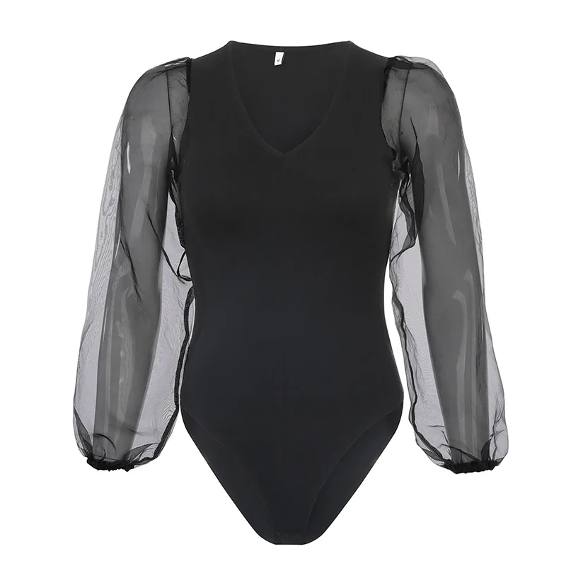 

2020 new arrivals hot selling deep V neck mesh bubble long sleeves cotton women bodysuits