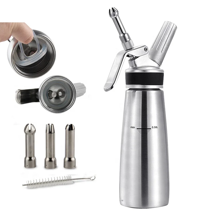

Spray Steel Color Whole Aluminum Whip Cream Dispenser 1 Pint With Stainless Steel Nozzles and Holder