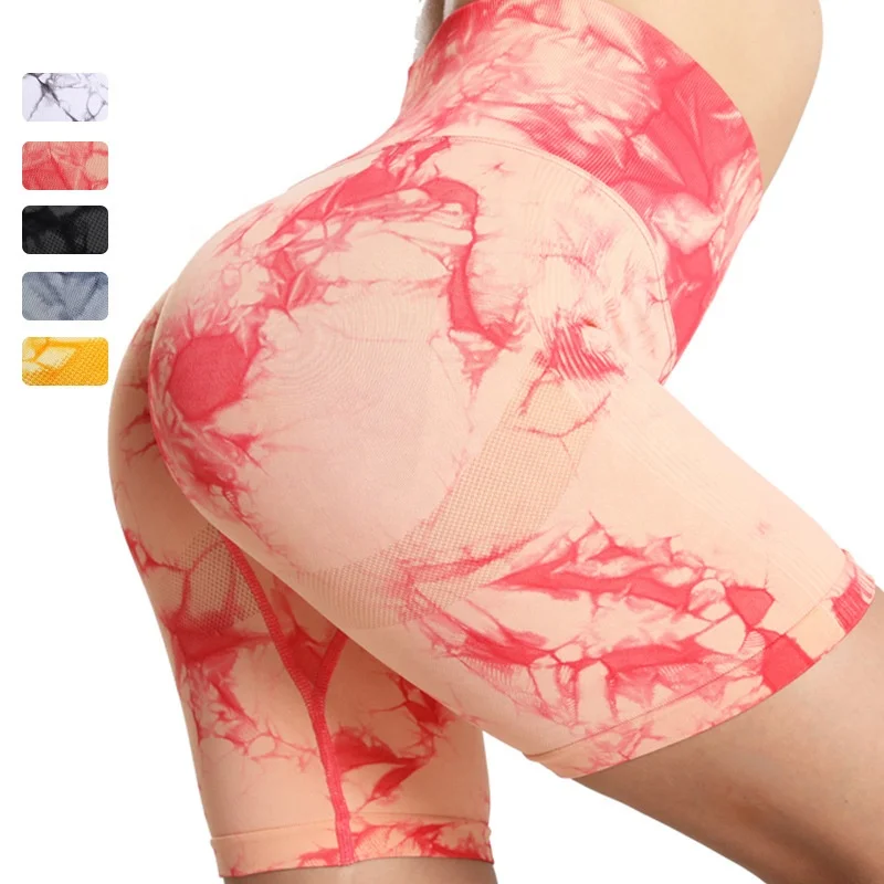 

Hot Sales Spandex nylon Workout Gym Fitness Yoga High Waist Girls Tie Dye Seamless Booty Scrunch Shorts, More than 40 colors