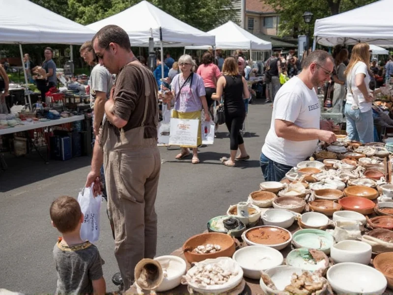 Artisans displaying handmade ceramics at vibrant outdoor craft fair