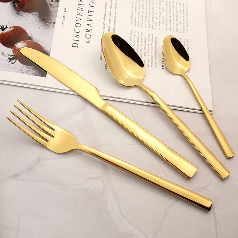 

Trending Tableware Kitchen Wedding Travel Soup Steak Fork Knife Spoon Sets Golden 4Pcs Bulk Stainless Steel Flatware Sets, Silver, gold, rose gold, colorful, black, customizable