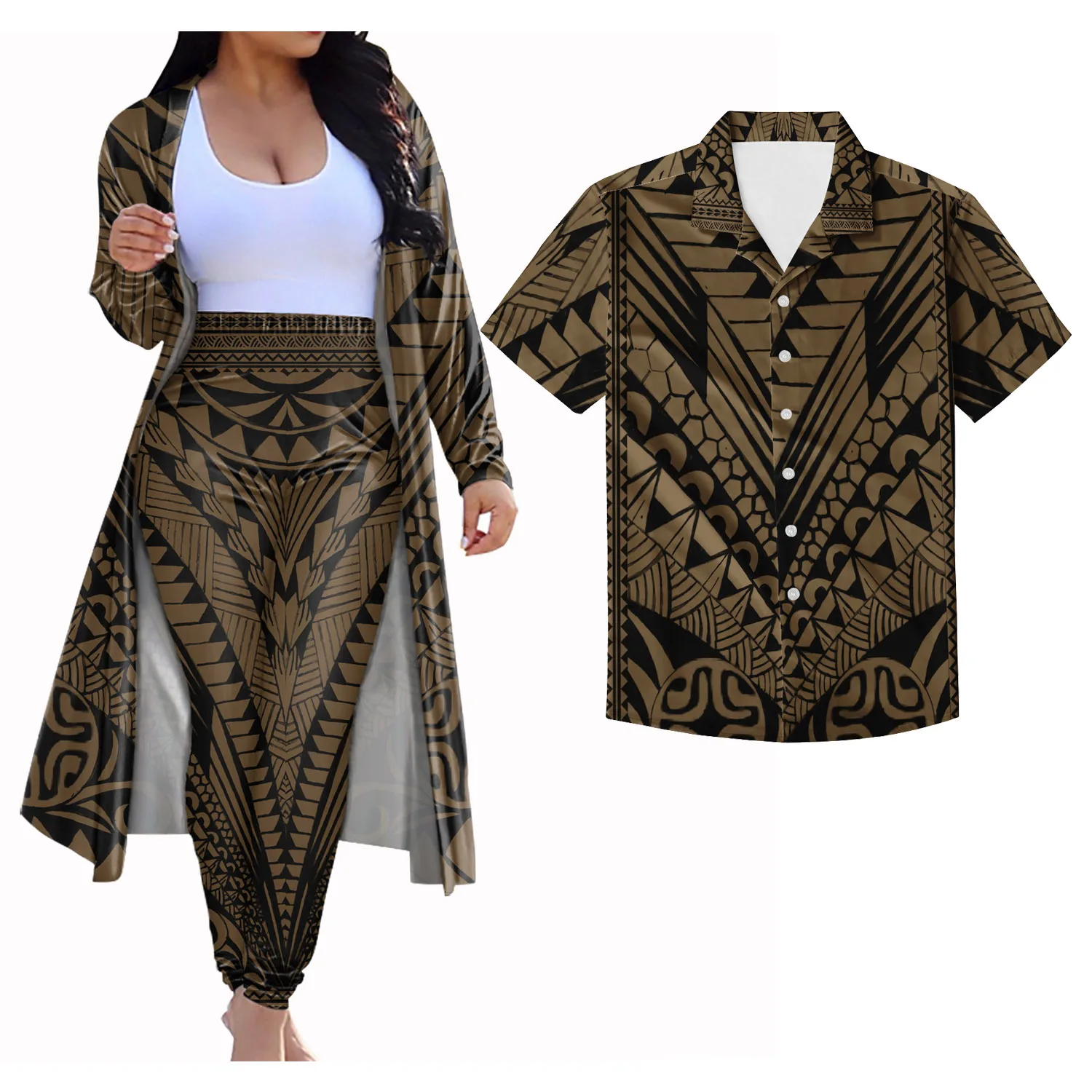

MOQ 1 Custom Polynesian Tribal Design Print 3 pcs Set Women Long Sleeve Plus size Coat Cloak Pants Match Men Shirts, Customized color