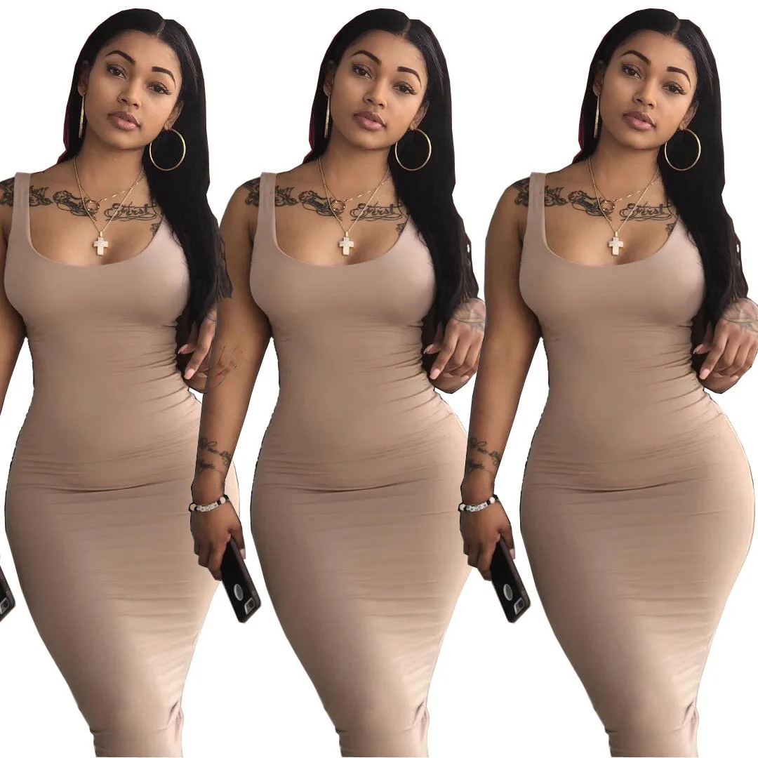 

Elegant Women's Nude Long Dresses Bodycon Bandage Dresses Midi Sleeveless Sun Dress