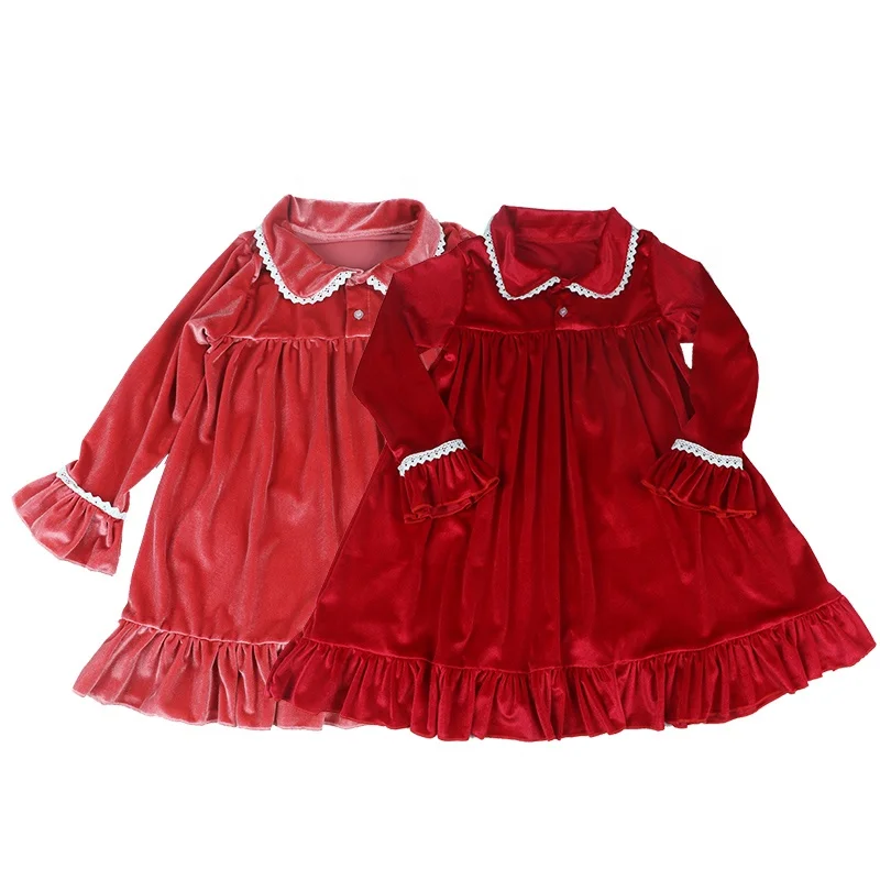 

Boutique young girls velvet sleepwear winter nightdress sweet girls red pajamas with white lace baby girl nightgown