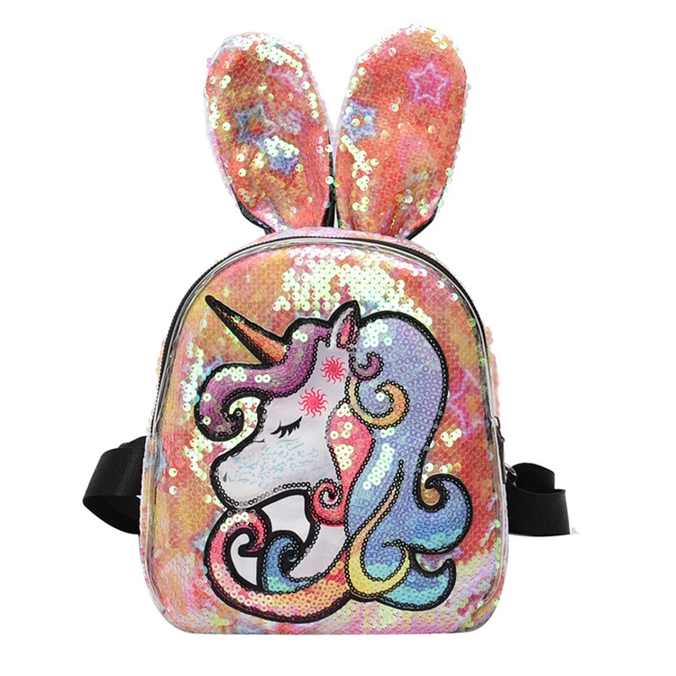 

In stock Customized Ladies rabbit Backpack Youth Teenager unicorn backpack for girls and Kids School paillette can customized, Constomize color