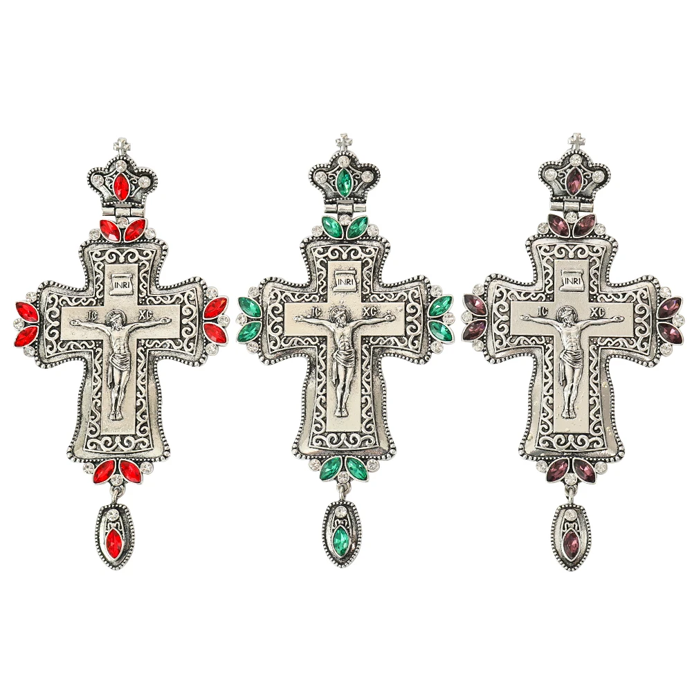 

ZD034 Alloy Orthodox Greek Pectoral Cross Necklace with Antique Silver Plated and Various Customized Stone colors