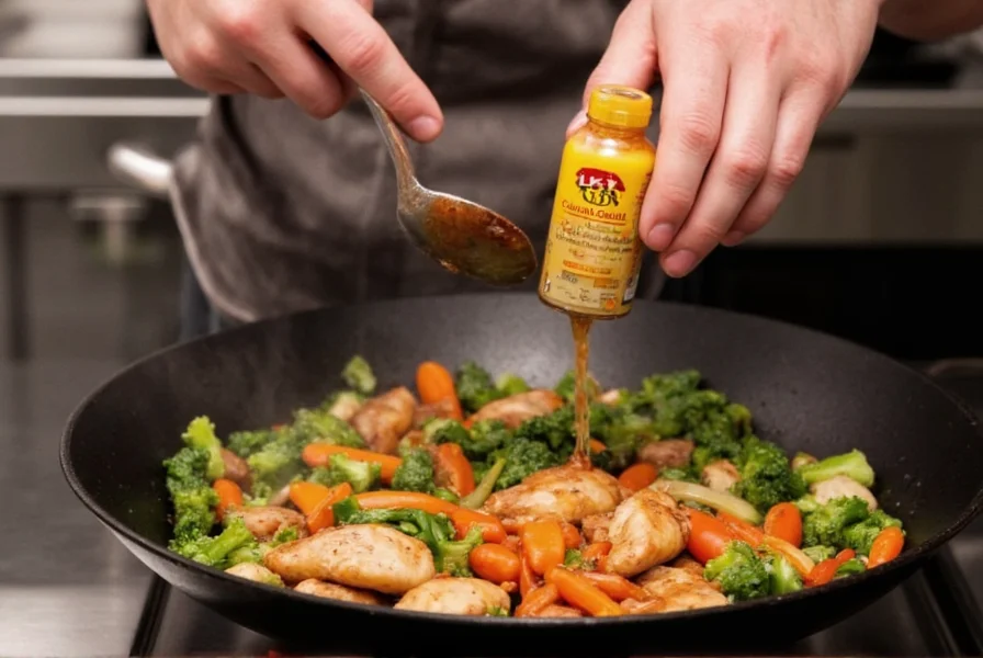 Chef preparing stir-fry with LKK Chili Garlic Sauce being added to a hot wok with vegetables and protein
