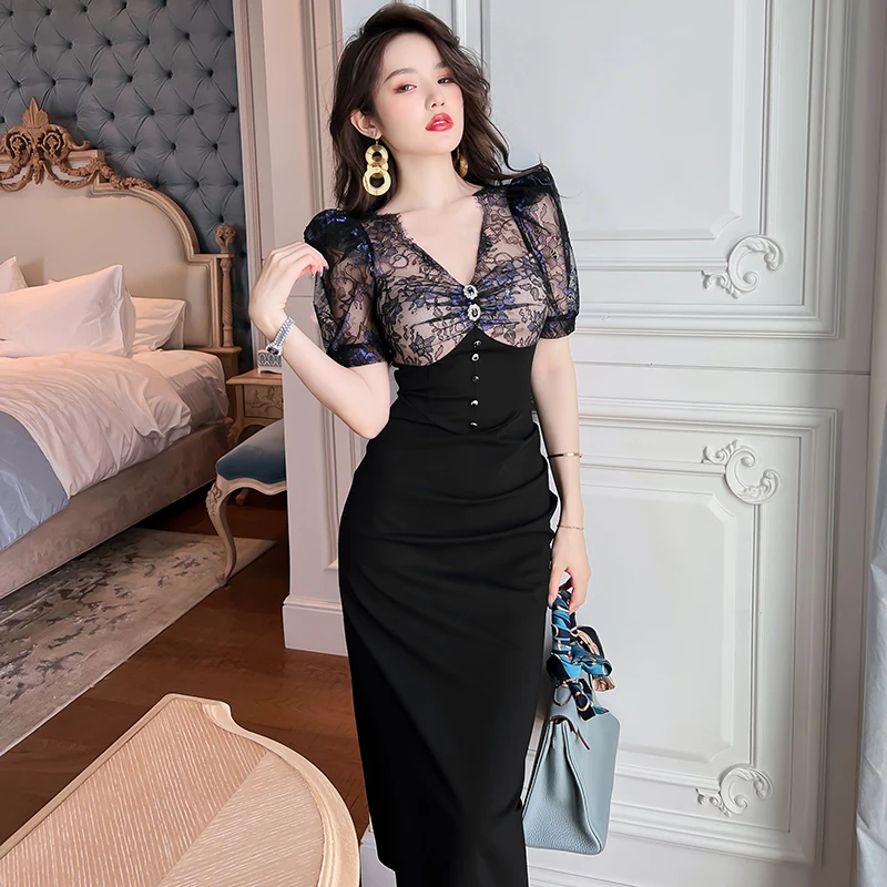 

ZYHT OEM Accept Patchwork Lace Puff Sleeve Elegant Black Ladies Women Clothing Corset Dresses 2022