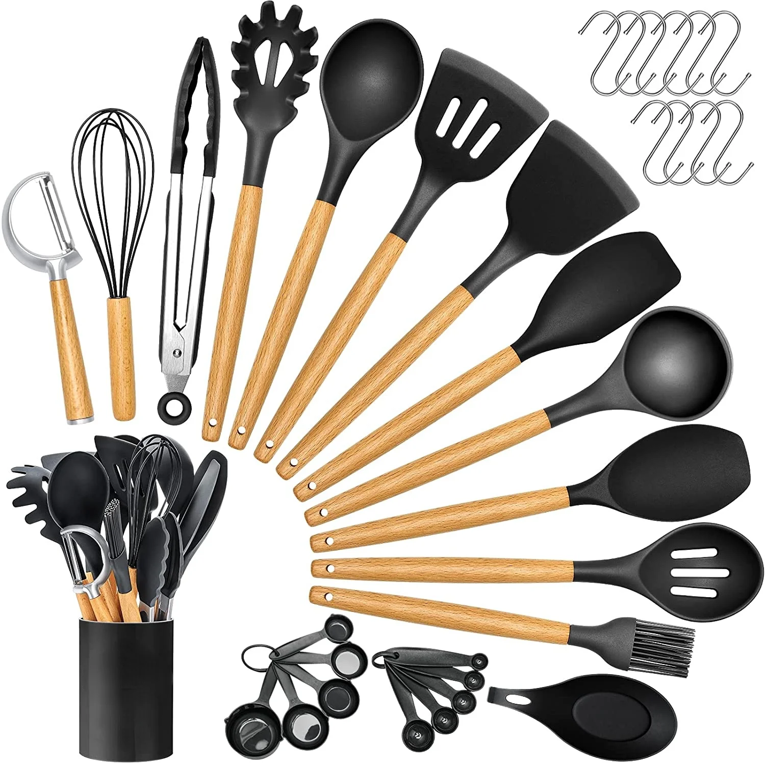 

34PCS Silicone cooking tools set wooden handle Heat resistant BPA-free non-toxic kitchen spatula Set Kitchen utensils