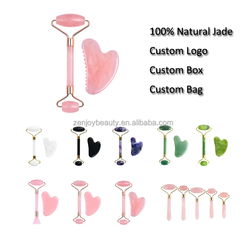 Wholesale 100% Natural Custom Logo Rose Quartz Jade Roller and Gua Sha Massage Tools Green Face Roller Set