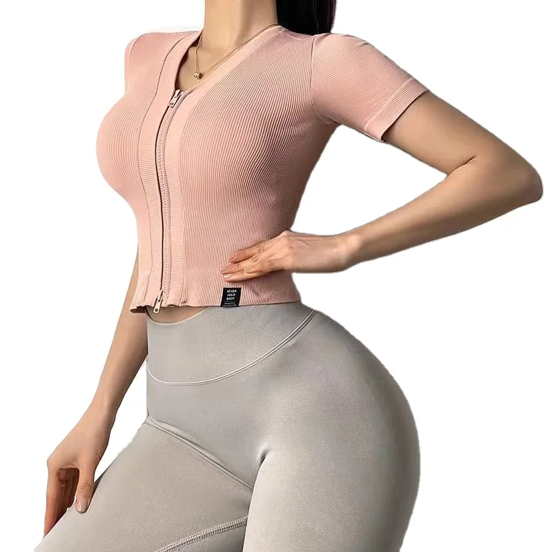 

Women Yoga T-Shirt Breathable Mesh short Sleeve Fitness Clothing Full Zip Running Top Yoga tee Quick dry Show navel, Shown