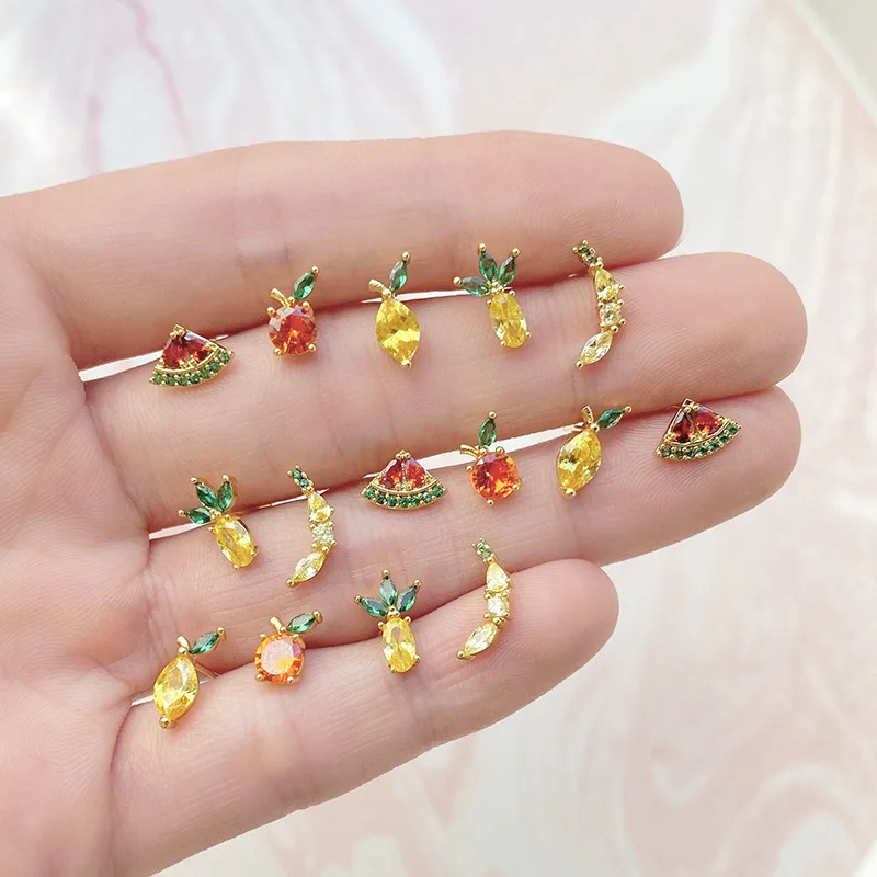 

18k Gold Plated Summer Tropical fruit Strawberry Lemon zirconium Stud Earring for women Girl, Golden