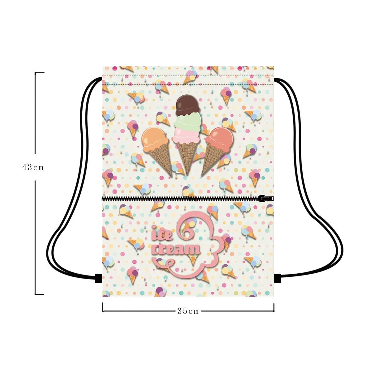

Ice cream design print custom bag drawstring with zipper pocket capacity big drawstring bag washable reusable, Customized