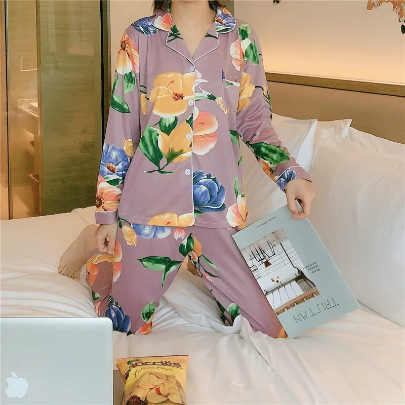 

2020 Sleep Wear Baju Tidur Import China Grosir Daster Piyama Wanita Lady Pyjama Women Long Sleeve Pajama Milk Silk Sleepwear Set