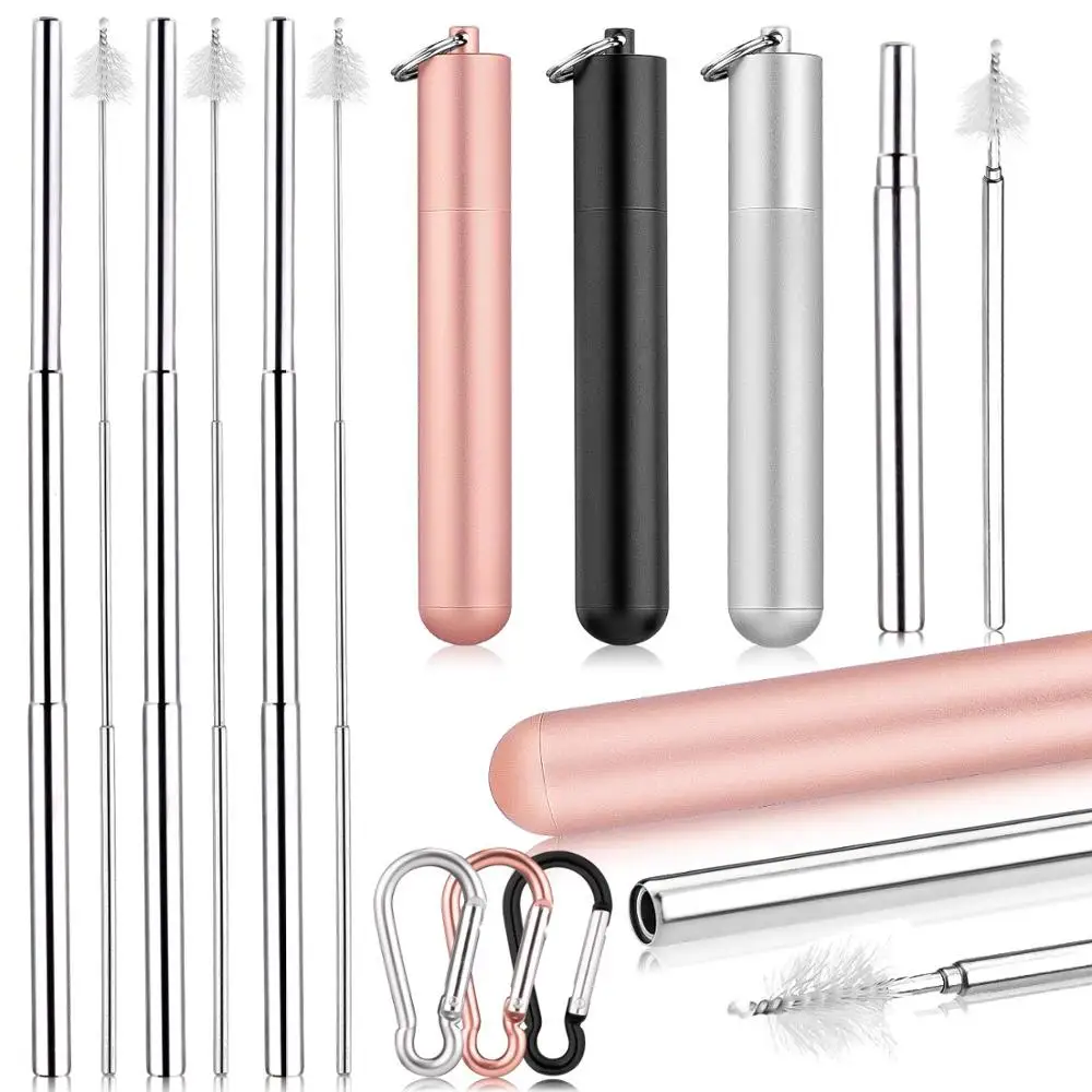 Hot fast shipping foldable round bottom case collapsible telescopic metal Reusable drinking Straw set