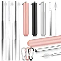 

Hot fast shipping foldable round bottom case collapsible telescopic metal Reusable drinking Straw set