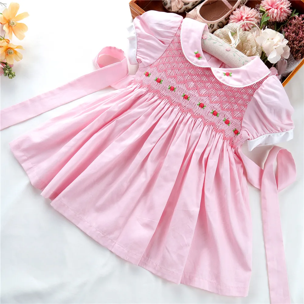 

OEM pink smocked clothing for baby girls dresses cotton hand made embroidery