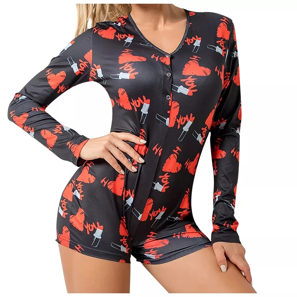 

Sexy Women V-neck Animal Print Bodycon Sleepwear Jumpsuit Button Bodysuit Shorts Romper 11 Colors Leotard Long Sleeve Bodysuit