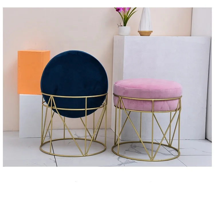 
Laynsino Nordic fabric round footrest stool golden steel frame ottoman Footstool 