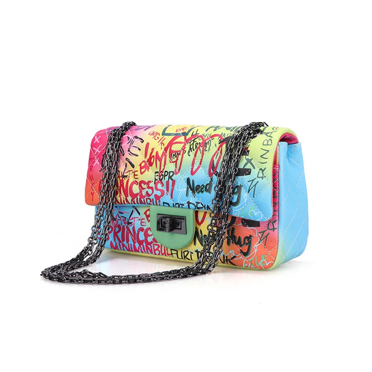 
2020 fashion PU leather ladies crossbody bag new rainbow color shoulder bag graffiti purse Designer women bags handbag 