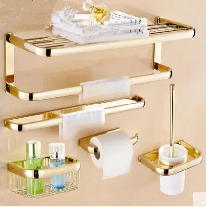 

Brass Bathroom Accessories SetGold Square Paper HolderTowel BarSoap basketTowel RackGlass Shelf bathroom Hardware set