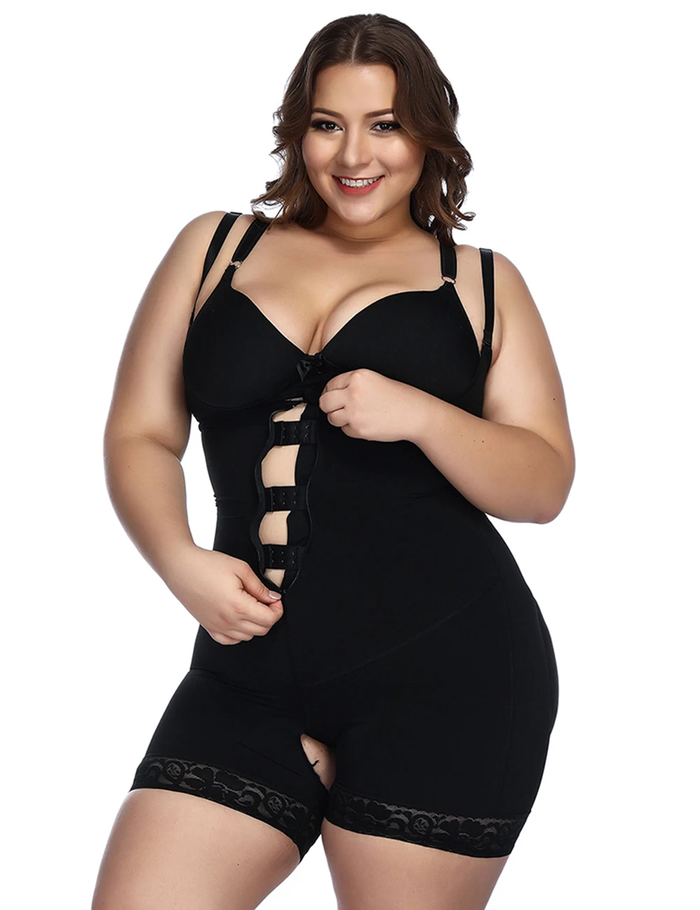 

Plus Size Black Flat Tummy High Compression Full Body Shapewear, As shown