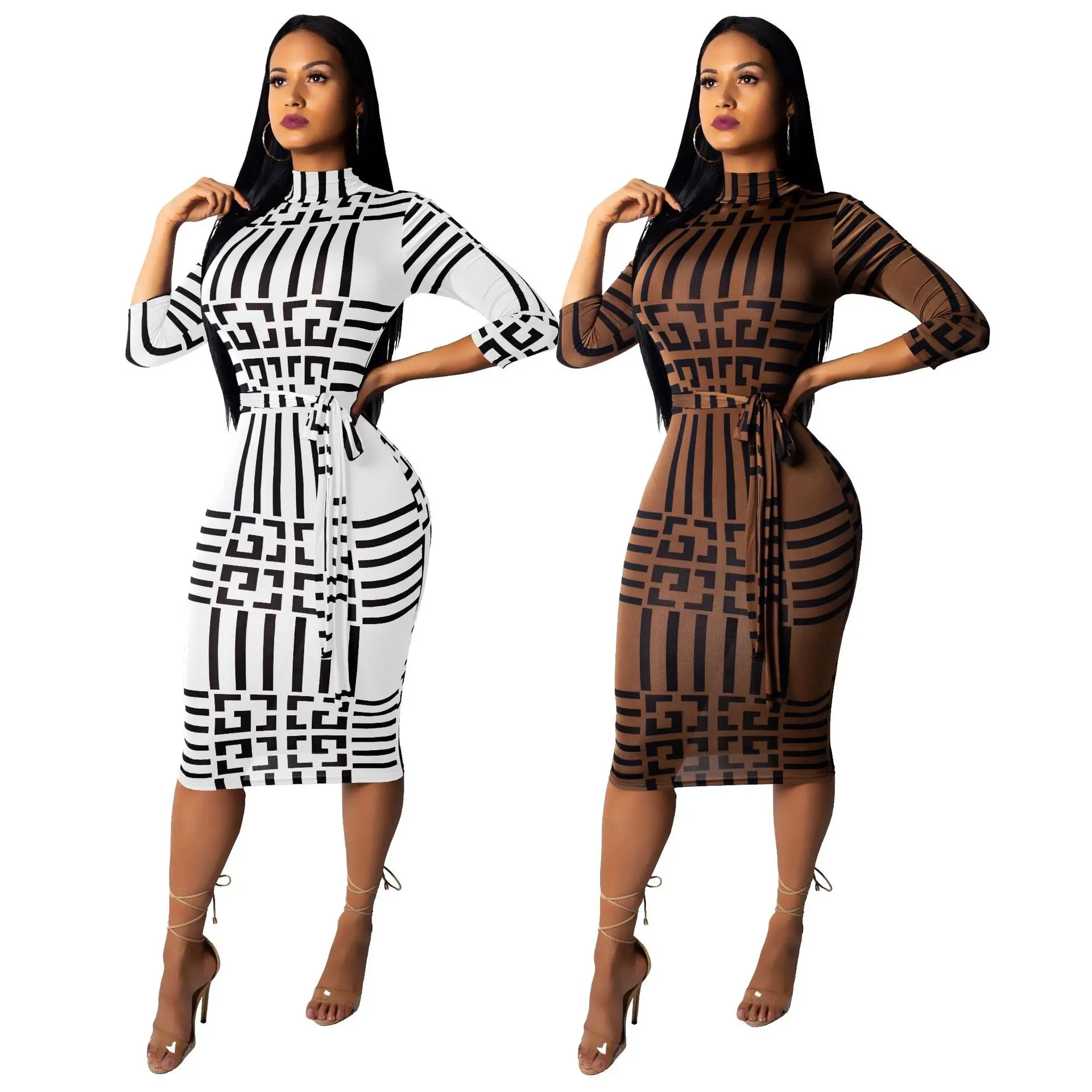 

New fashion allure women printed long-sleeved and high-neck with tight-fitting hip women dresses, White/brown