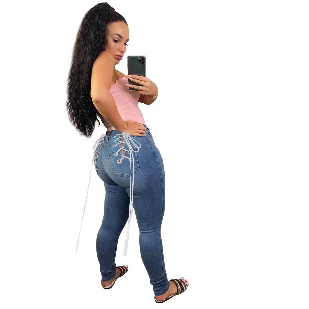 

LW-PT8673 Hip string design slim fit women denim jeans girls jean outfits, As picture or customized make