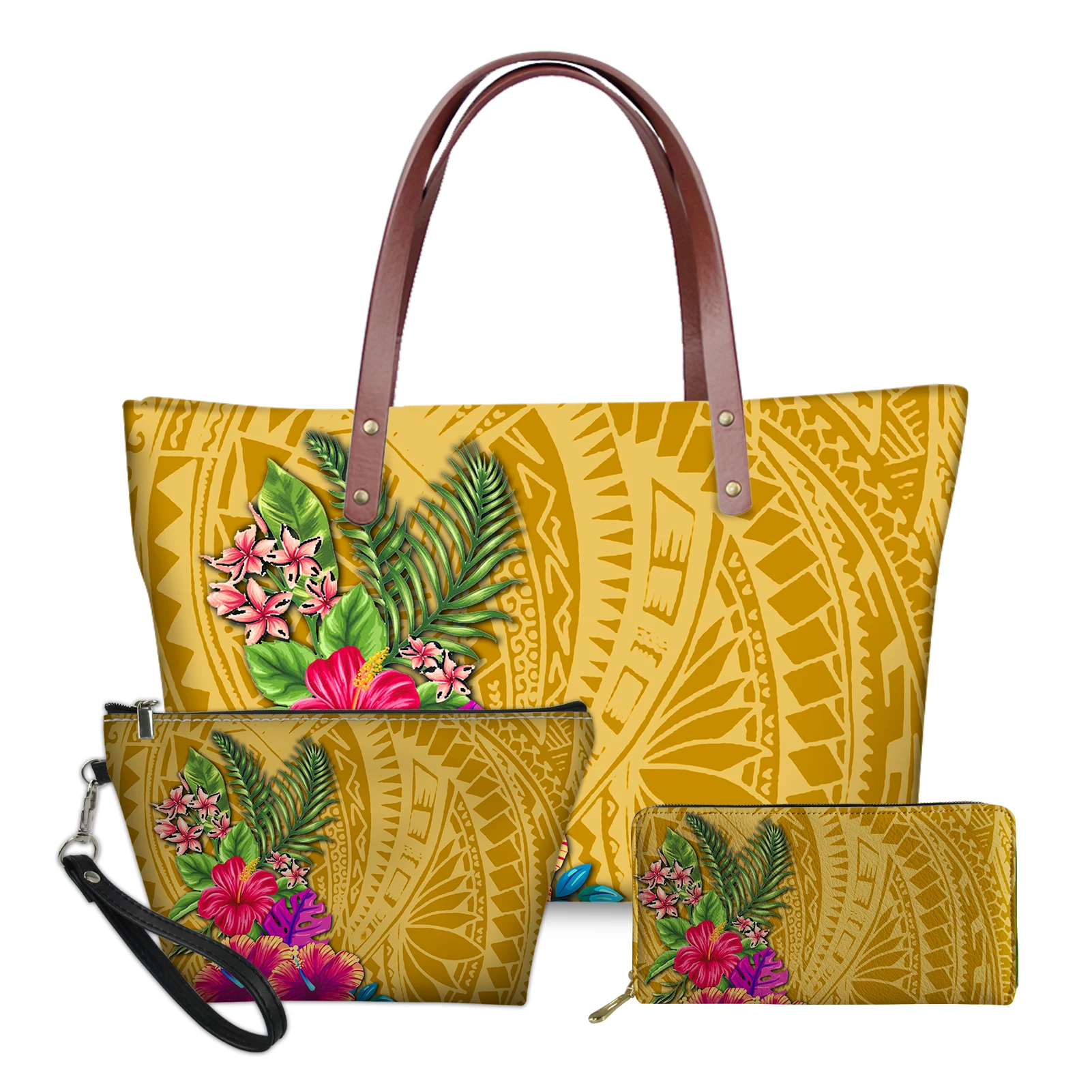 

Personalized 3 Pcs Set Custom Handbags Hawaiian Hibiscus Pattern Womens Handbags And Purses Polynesian Style Custom Makeup Bag