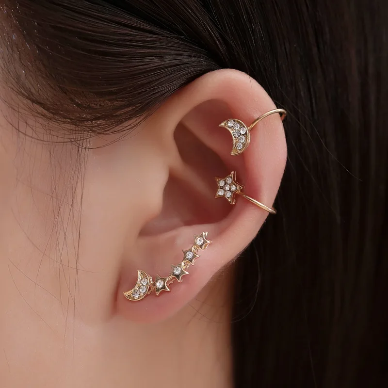 VRIUA 2020 Hot Fashion 3PCS/Set Handmade Star Moon Cuff Earrings Simple Ear Clip Jewelry Earring for Women