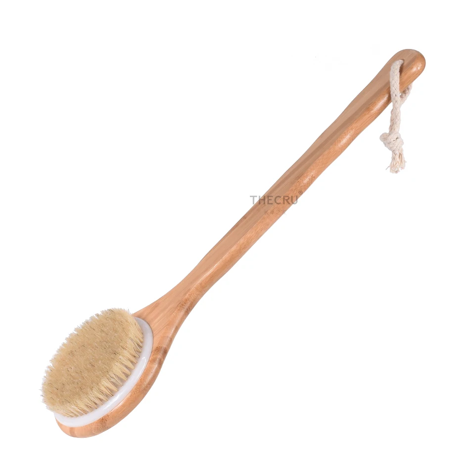 

Dry Body Brush for Skin Brushing Natural Boar Bristles Long Handle Bamboo Spa Brush for Cellulite Exfoliation Treesmile OEM logo