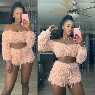

LD032 2021 wholesale designer boutique sexy clothing off the shoulder two piece set women t-Shirt shorts sexy fluffy suits, Pink