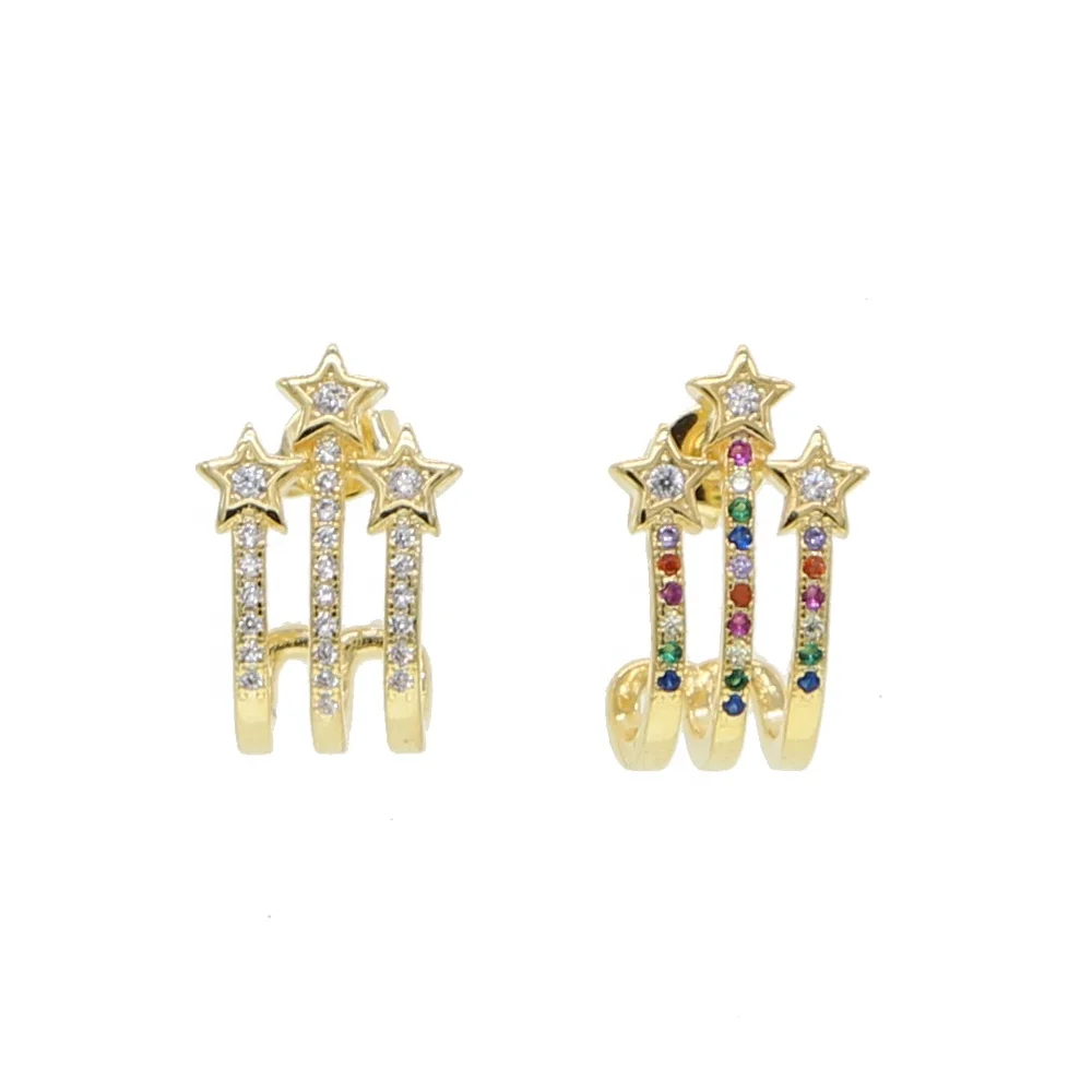 

Christmas gift fashion jewelry gold plated three cute star earring paved white rainbow cz, Picture