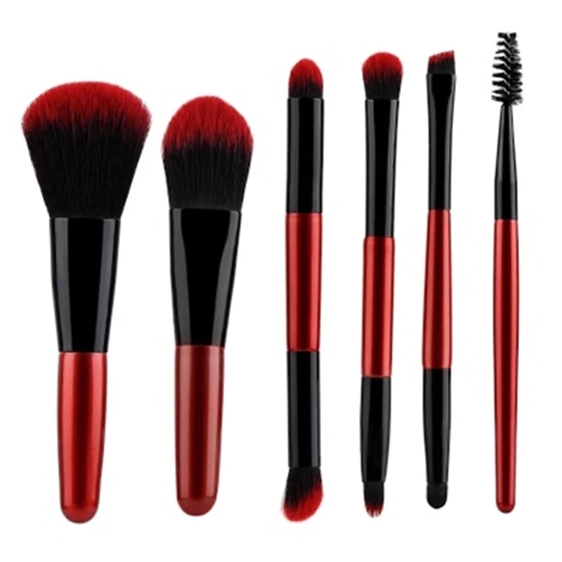 

new 6 double-head makeup brushes makeup beginners portable makeup brushes mini beauty tool kit own brand, Red